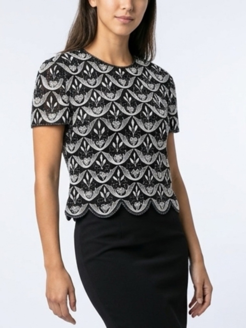 Papell Boutique Black Silk Beaded and Silver Embroidered Scalloped Top Size L